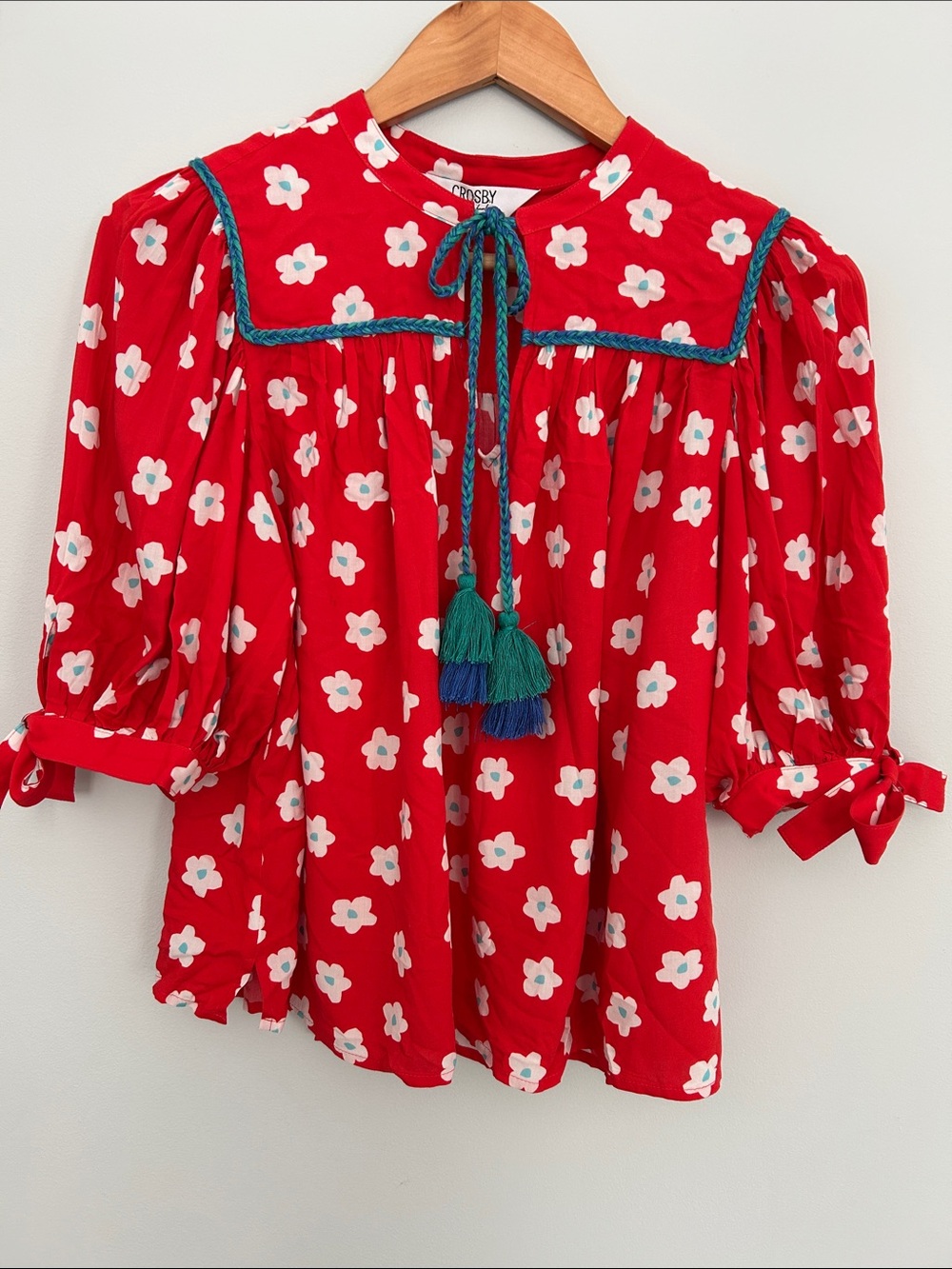 Crosby by Mollie Burch Red Floral Tassel Peasant Top with Teal Trim